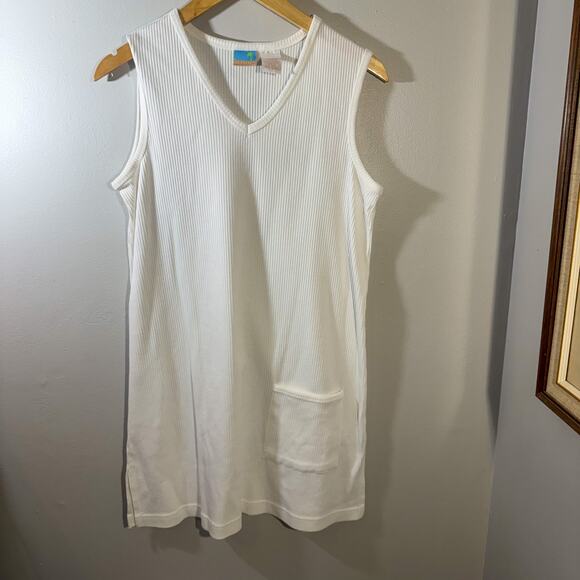 JD Cove White Ribbed V-Neck Tank Dress | Minimalist Beach Cover-Up Mini Dress  M - Picture 1 of 4